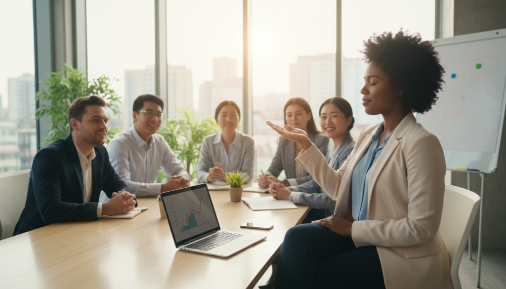 A serene office setting featuring a diverse group of professionals gathered around a conference table. In the foreground, a focused woman in smart casual attire gently raises her hand, symbolizing the act of shifting from complaint to conscious awareness, displaying an attitude of gratitude. In the middle ground, colleagues listen attentively, nodding in understanding, their expressions reflecting positivity and encouragement. The background shows a large window with natural light flooding in, creating a warm and inviting atmosphere. The image is captured from a slightly elevated angle, highlighting the interaction in the workplace. The overall mood is uplifting and inspirational, evoking a sense of collaboration and mindfulness.