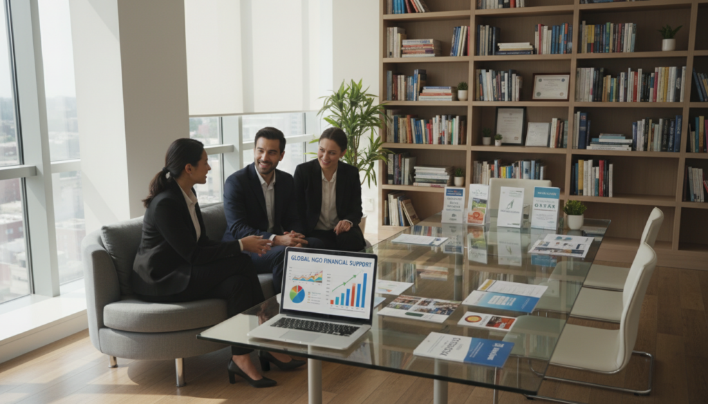 A serene office setting with soft natural light pouring through large windows, casting gentle shadows. In the foreground, a diverse group of professionals in smart business attire are engaged in a lively discussion, with one person holding a laptop displaying statistics on financial contributions to NGOs. The middle ground features a large, clear glass table adorned with brochures from various trustworthy charities, highlighting their missions and impact. In the background, a bookshelf filled with literature on humanitarian causes adds depth and context, enhancing the professional atmosphere. A sense of collaboration and purpose fills the air, emphasizing the power of financial contributions towards making a significant difference in the world. The overall mood is optimistic and inspiring, encouraging viewers to consider the importance of donations. A serene office setting with soft natural light pouring through large windows, casting gentle shadows. In the foreground, a diverse group of professionals in smart business attire are engaged in a lively discussion, with one person holding a laptop displaying statistics on financial contributions to NGOs. The middle ground features a large, clear glass table adorned with brochures from various trustworthy charities, highlighting their missions and impact. In the background, a bookshelf filled with literature on humanitarian causes adds depth and context, enhancing the professional atmosphere. A sense of collaboration and purpose fills the air, emphasizing the power of financial contributions towards making a significant difference in the world. The overall mood is optimistic and inspiring, encouraging viewers to consider the importance of donations.