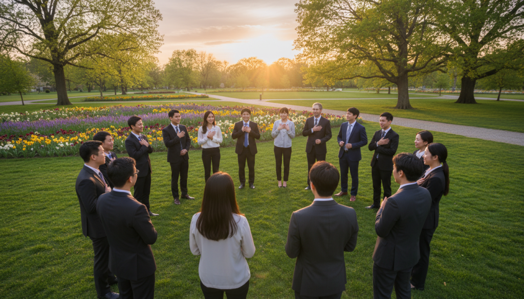 A serene scene depicting "gratitude in practice." In the foreground, a diverse group of individuals, dressed in professional business attire, are engaged in a circle, sharing smiles and gestures of appreciation. Their expressions radiate sincerity and warmth. In the middle ground, a beautiful park with blooming flowers and soft green grass creates a peaceful setting, embodying the essence of community and connection. The background features a softly lit sunset, casting a warm glow over the scene, enhancing the atmosphere of joy and fulfillment. The composition is captured with a wide-angle lens, focusing on the interactions between the people while maintaining the beauty of nature around them. The overall mood is uplifting and harmonious, reflecting genuine gratitude without romanticization.