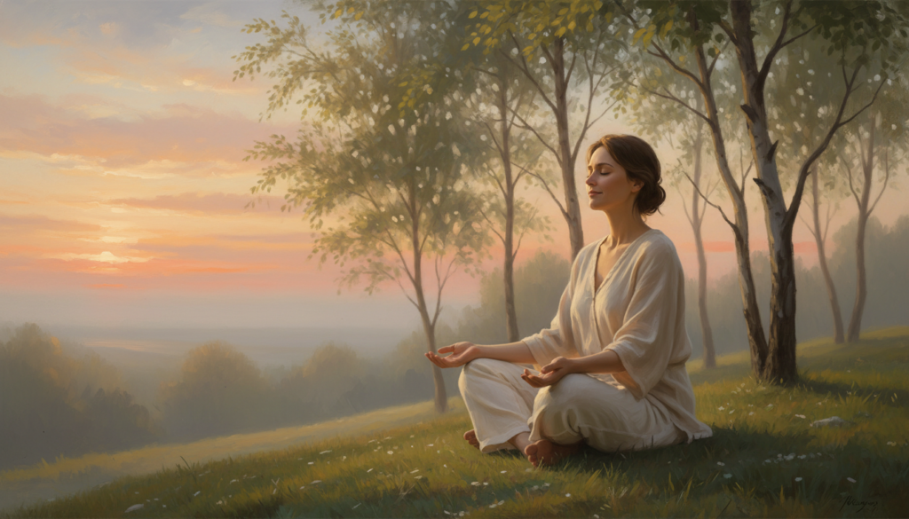 A serene scene depicting the concept of "emotional acceptance". In the foreground, a person in modest casual clothing sits cross-legged on a peaceful hillside, eyes closed and a gentle smile on their face, embodying tranquility. The middle layer features soft ethereal light filtering through delicate trees, casting dappled shadows on the ground. In the background, a calming sunset paints the sky in warm hues of orange and pink, symbolizing hope and comfort. The overall atmosphere is tranquil and uplifting, inviting reflection, with a soft focus reminiscent of fine art photography. The lighting is warm and natural, suggesting an early evening ambiance, enhancing the sense of peace and acceptance of emotions.
