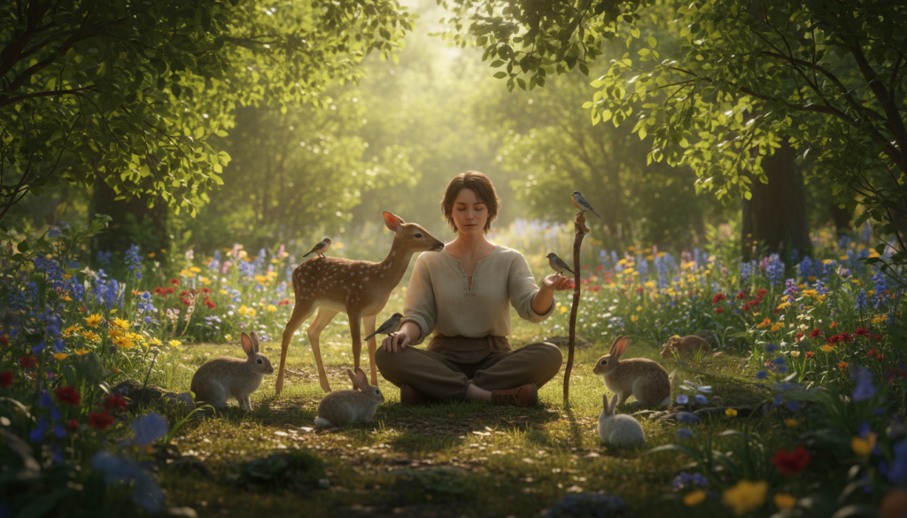 A serene, sunlit forest clearing serves as the backdrop, with vibrant green foliage and dappled sunlight filtering through the trees. In the foreground, a young adult in modest casual clothing sits cross-legged, surrounded by small, gentle animals like deer, rabbits, and birds. The animals are interacting curiously with the person, symbolizing connection and personal growth. In the middle ground, an array of flowers blooms, adding color and life to the scene. Soft, warm lighting creates an atmosphere of calm and transformation. The angle is slightly elevated, providing a sense of depth and emphasizing the harmonious relationship between humans and nature. The overall mood is uplifting and reflective, capturing the essence of personal growth through the presence of animals.