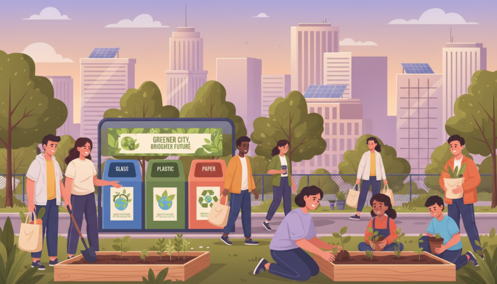 A serene urban scene depicting individuals engaging in eco-friendly habits. In the foreground, a diverse group of people in modest casual clothing are seen planting a small garden in a community space, smiling and interacting. In the middle ground, a recycling station is prominently displayed with vibrant posters encouraging sustainable practices, while others are using reusable bags for shopping. In the background, a bright city skyline is visible, partially obscured by lush green trees and solar panels on rooftops. The lighting is warm and inviting, suggesting a late afternoon. The atmosphere conveys a sense of community and hope, emphasizing the importance of everyday ecological habits. A serene urban scene depicting individuals engaging in eco-friendly habits. In the foreground, a diverse group of people in modest casual clothing are seen planting a small garden in a community space, smiling and interacting. In the middle ground, a recycling station is prominently displayed with vibrant posters encouraging sustainable practices, while others are using reusable bags for shopping. In the background, a bright city skyline is visible, partially obscured by lush green trees and solar panels on rooftops. The lighting is warm and inviting, suggesting a late afternoon. The atmosphere conveys a sense of community and hope, emphasizing the importance of everyday ecological habits.