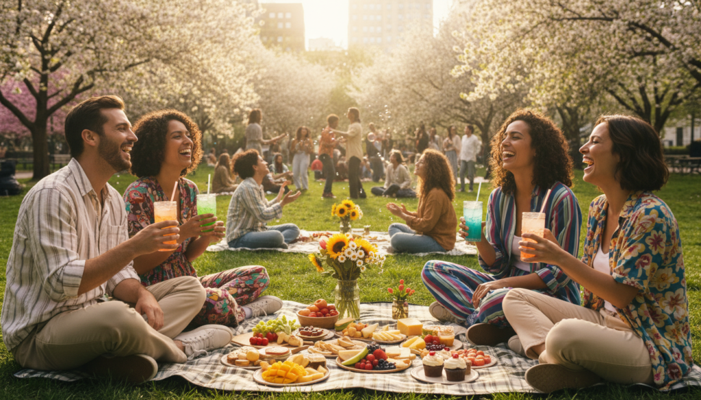 A vibrant celebration of the "International Day of Happiness" with a diverse group of people joyfully interacting in a sunlit park. In the foreground, a group of four friends, two men and two women, wearing colorful, modest casual clothing, share laughter while sipping beverages. In the middle, a picnic blanket is spread with delicious food and flowers, symbolizing gratitude and connection. In the background, trees burst with spring blossoms, and sunlight filters through the leaves, casting a warm glow over the scene. The atmosphere is cheerful and uplifting, reflecting the theme of presence and appreciation. Capture this moment from a slightly elevated angle to convey the overall joy and harmony of the gathering, without any text or distractions.