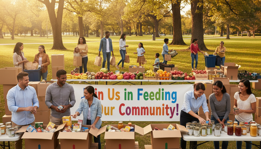A vibrant community food drive scene illustrating "community mobilization for food collection." In the foreground, a diverse group of volunteers, dressed in professional attire and modest casual clothing, enthusiastically sorting boxes of non-perishable food items, smiling and engaging with each other. In the middle ground, a colorful banner reading "Join Us in Feeding Our Community!" is displayed, while tables filled with canned goods and fresh produce create an inviting atmosphere. The background features a lively park setting with families, children, and community members donating food, enhancing the sense of participation. Soft, warm lighting filters through trees overhead, creating a hopeful and energizing mood. Capture the image with a slightly elevated angle to encompass the joyful activities of the event and showcase the community spirit. A vibrant community food drive scene illustrating "community mobilization for food collection." In the foreground, a diverse group of volunteers, dressed in professional attire and modest casual clothing, enthusiastically sorting boxes of non-perishable food items, smiling and engaging with each other. In the middle ground, a colorful banner reading "Join Us in Feeding Our Community!" is displayed, while tables filled with canned goods and fresh produce create an inviting atmosphere. The background features a lively park setting with families, children, and community members donating food, enhancing the sense of participation. Soft, warm lighting filters through trees overhead, creating a hopeful and energizing mood. Capture the image with a slightly elevated angle to encompass the joyful activities of the event and showcase the community spirit.