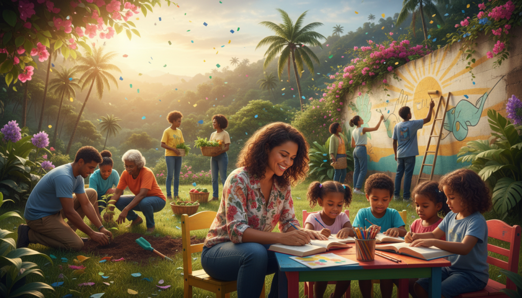 A vibrant scene depicting a diverse group of volunteers actively engaging in community service in Brazil. In the foreground, a woman of Brazilian descent, dressed in casual but neat clothing, is helping children with educational activities. To her side, a man, also dressed casually, is planting trees with a group of enthusiastic volunteers. In the middle ground, a small crowd of community members is gathered, showcasing a mix of ages and backgrounds, all smiling and participating in various projects, symbolizing transformation and hope. The background features lush Brazilian landscapes with colorful flora under a warm, golden sunlight that evokes a sense of positivity and unity. The atmosphere is one of collaboration and dedication, capturing the essence of volunteer work aimed at changing lives for the better. A vibrant scene depicting a diverse group of volunteers actively engaging in community service in Brazil. In the foreground, a woman of Brazilian descent, dressed in casual but neat clothing, is helping children with educational activities. To her side, a man, also dressed casually, is planting trees with a group of enthusiastic volunteers. In the middle ground, a small crowd of community members is gathered, showcasing a mix of ages and backgrounds, all smiling and participating in various projects, symbolizing transformation and hope. The background features lush Brazilian landscapes with colorful flora under a warm, golden sunlight that evokes a sense of positivity and unity. The atmosphere is one of collaboration and dedication, capturing the essence of volunteer work aimed at changing lives for the better.