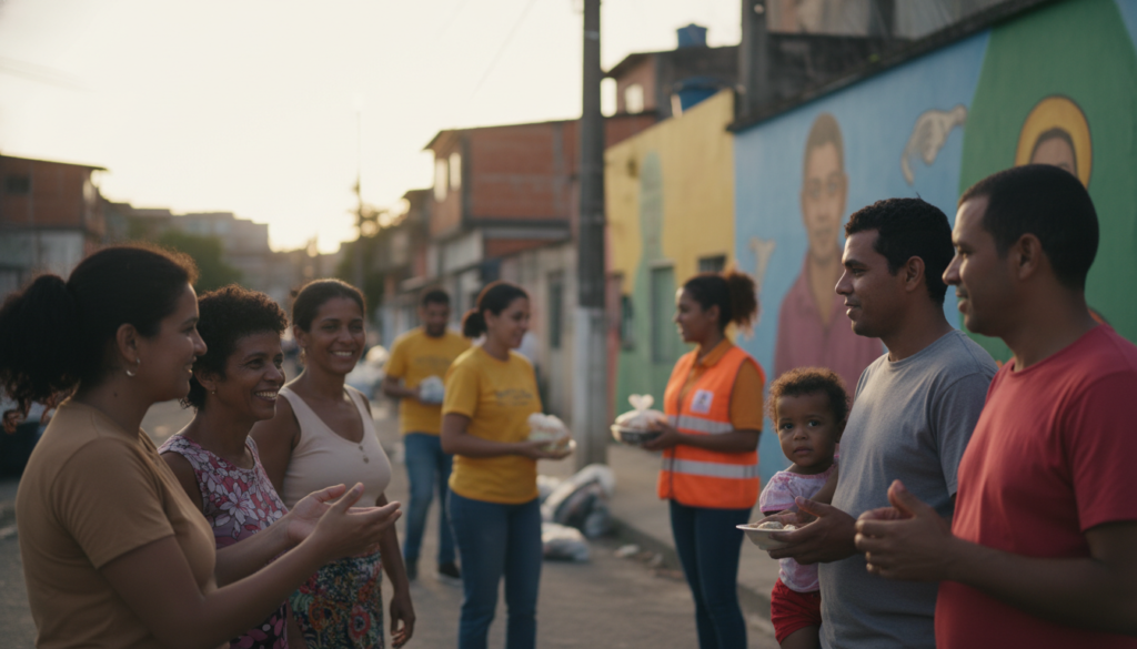 A warm and compassionate scene capturing support for vulnerable populations in Brazil. In the foreground, a diverse group of individuals, including families and children, interact joyfully, expressing gratitude and community spirit. They are dressed in modest casual clothing, smiling and engaged in conversations. In the middle ground, dedicated volunteers distribute food and supplies, showcasing an atmosphere of solidarity and kindness. The background features a vibrant street in a Brazilian neighborhood, adorned with colorful murals symbolizing hope and resilience. The soft golden light of a late afternoon casts a gentle glow, enhancing the feeling of warmth and humanity. The overall mood is uplifting and hopeful, emphasizing the importance of support and unity for refugees and vulnerable communities. A warm and compassionate scene capturing support for vulnerable populations in Brazil. In the foreground, a diverse group of individuals, including families and children, interact joyfully, expressing gratitude and community spirit. They are dressed in modest casual clothing, smiling and engaged in conversations. In the middle ground, dedicated volunteers distribute food and supplies, showcasing an atmosphere of solidarity and kindness. The background features a vibrant street in a Brazilian neighborhood, adorned with colorful murals symbolizing hope and resilience. The soft golden light of a late afternoon casts a gentle glow, enhancing the feeling of warmth and humanity. The overall mood is uplifting and hopeful, emphasizing the importance of support and unity for refugees and vulnerable communities.