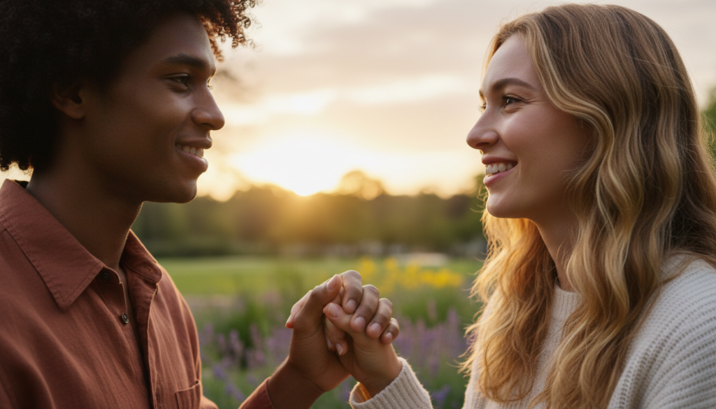A warm and inviting scene capturing the essence of mutual respect, featuring two diverse individuals—one with light skin and wavy hair, the other with dark skin and curly hair—engaged in a respectful conversation. In the foreground, they share a genuine smile, standing close with a slight touch of hands, symbolizing connection. The middle ground includes a serene park setting with soft greenery and blooming flowers, enhancing the peaceful atmosphere. The background shows a gentle sunrise, casting a soft golden light, creating a hopeful mood. Use a shallow depth of field to softly blur the background, bringing focus to the subjects, with warm, natural lighting that fosters a sense of warmth and intimacy, highlighting the importance of healthy relationships through respect. A warm and inviting scene capturing the essence of mutual respect, featuring two diverse individuals—one with light skin and wavy hair, the other with dark skin and curly hair—engaged in a respectful conversation. In the foreground, they share a genuine smile, standing close with a slight touch of hands, symbolizing connection. The middle ground includes a serene park setting with soft greenery and blooming flowers, enhancing the peaceful atmosphere. The background shows a gentle sunrise, casting a soft golden light, creating a hopeful mood. Use a shallow depth of field to softly blur the background, bringing focus to the subjects, with warm, natural lighting that fosters a sense of warmth and intimacy, highlighting the importance of healthy relationships through respect.