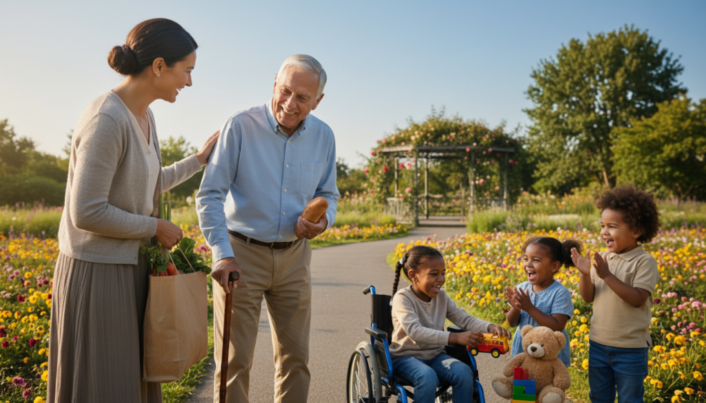 A warm and inviting scene depicting daily acts of empathy, focusing on a diverse group of individuals. In the foreground, a woman in modest casual clothing helps an elderly man with his groceries, their expressions showing genuine kindness. In the middle ground, a group of children are seen sharing their toys, laughter and smiles radiating joy. The background features a vibrant community park, with blooming flowers under a clear blue sky, symbolizing hope and connection. Soft, natural lighting casts a gentle glow, emphasizing the warmth of the moment. The angle is slightly elevated to capture the interactions of the people, creating an intimate yet inclusive atmosphere that inspires a sense of solidarity and community. A warm and inviting scene depicting daily acts of empathy, focusing on a diverse group of individuals. In the foreground, a woman in modest casual clothing helps an elderly man with his groceries, their expressions showing genuine kindness. In the middle ground, a group of children are seen sharing their toys, laughter and smiles radiating joy. The background features a vibrant community park, with blooming flowers under a clear blue sky, symbolizing hope and connection. Soft, natural lighting casts a gentle glow, emphasizing the warmth of the moment. The angle is slightly elevated to capture the interactions of the people, creating an intimate yet inclusive atmosphere that inspires a sense of solidarity and community.