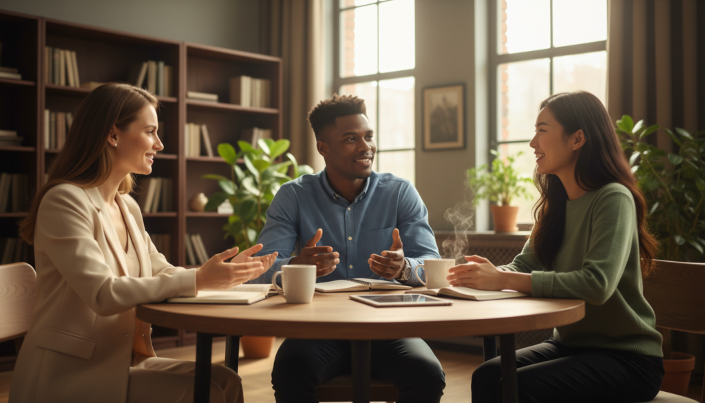 A warm and inviting scene depicting solidarity in relationships. In the foreground, a diverse group of three professionals, one Caucasian woman, one Black man, and one Asian woman, engaged in a collaborative discussion around a table, showcasing a blend of modest business attire. The middle ground features a well-appointed office with green plants and bookshelves, symbolizing growth and knowledge. The background includes large windows allowing soft, natural light to fill the space, creating a bright and positive atmosphere. The overall mood is one of teamwork and encouragement, highlighting the power of human connection, empathy, and support in fostering meaningful relationships. The angle captures the group in an engaging manner, fostering a sense of warmth and cooperation. A warm and inviting scene depicting solidarity in relationships. In the foreground, a diverse group of three professionals, one Caucasian woman, one Black man, and one Asian woman, engaged in a collaborative discussion around a table, showcasing a blend of modest business attire. The middle ground features a well-appointed office with green plants and bookshelves, symbolizing growth and knowledge. The background includes large windows allowing soft, natural light to fill the space, creating a bright and positive atmosphere. The overall mood is one of teamwork and encouragement, highlighting the power of human connection, empathy, and support in fostering meaningful relationships. The angle captures the group in an engaging manner, fostering a sense of warmth and cooperation.