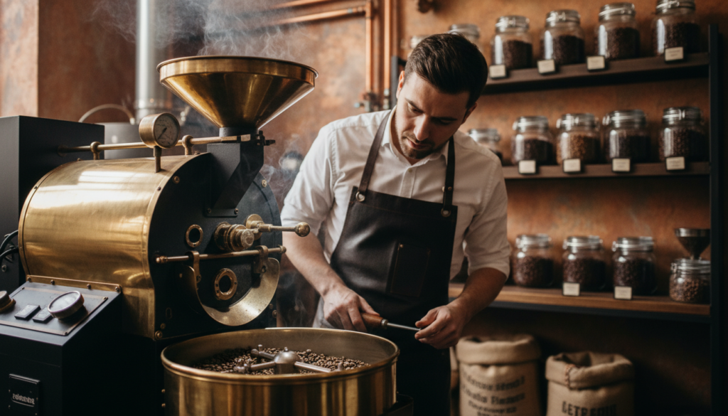 A beautifully detailed image of a "torra do café" scene, showcasing the art of coffee roasting. In the foreground, a vintage roasting machine with gleaming brass elements is filled with green coffee beans, emitting wisps of aromatic smoke. In the middle, a barista in a professional apron watches closely, intently monitoring the roast. The background features warm, inviting hues with copper-toned walls and shelves lined with various coffee bean jars, creating a cozy café atmosphere. Soft, diffused lighting highlights the textures of the beans and machine, while a shallow depth of field emphasizes the barista’s focused expression. The overall mood is warm and inviting, capturing the essence of passion and craftsmanship in coffee preparation.