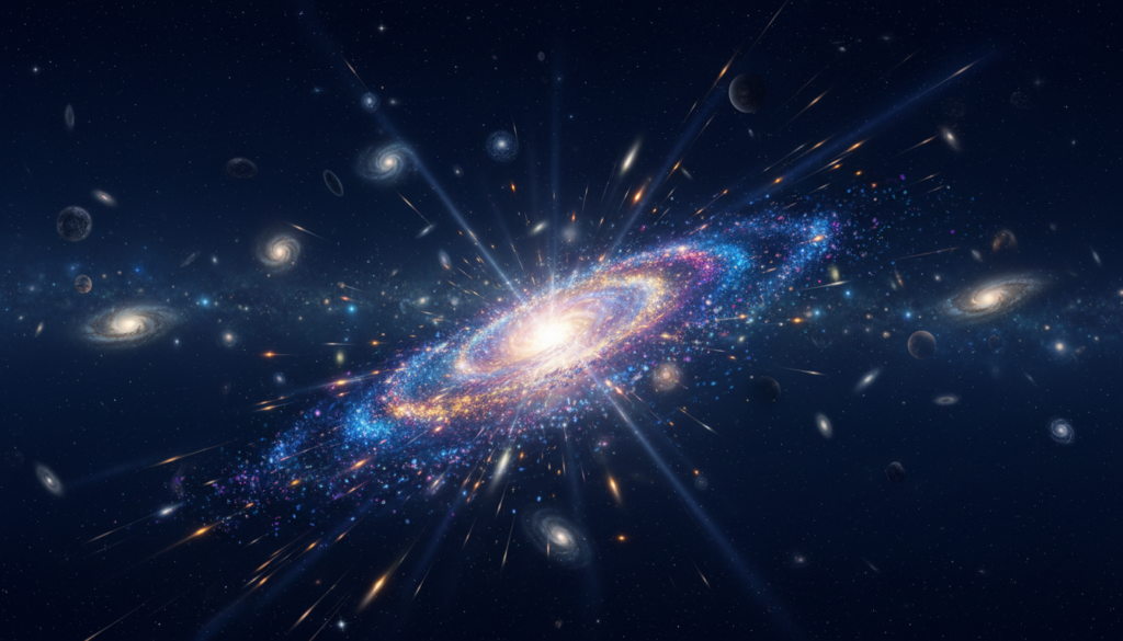 A breathtaking cosmic scene depicting the origin of cosmic rays. In the foreground, visualize a swirling vortex of bright, radiant particles bursting into the cosmos, sparkling with vibrant colors of blues, purples, and golds. The middle ground showcases a vast array of celestial bodies, such as distant galaxies and nebulae shimmering against the dark void of space, with hints of ethereal light illuminating their forms. In the background, a dark sky speckled with twinkling stars adds depth to the scene. Utilize dramatic lighting to emphasize the energy and dynamism of the cosmic rays, capturing the awe-inspiring beauty of the universe. The overall atmosphere should evoke wonder and curiosity, inviting viewers to contemplate the mysteries of cosmic phenomena. A breathtaking cosmic scene depicting the origin of cosmic rays. In the foreground, visualize a swirling vortex of bright, radiant particles bursting into the cosmos, sparkling with vibrant colors of blues, purples, and golds. The middle ground showcases a vast array of celestial bodies, such as distant galaxies and nebulae shimmering against the dark void of space, with hints of ethereal light illuminating their forms. In the background, a dark sky speckled with twinkling stars adds depth to the scene. Utilize dramatic lighting to emphasize the energy and dynamism of the cosmic rays, capturing the awe-inspiring beauty of the universe. The overall atmosphere should evoke wonder and curiosity, inviting viewers to contemplate the mysteries of cosmic phenomena.