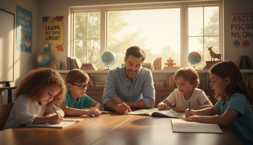 A brightly lit study room featuring a diverse group of children, ages 8 to 12, seated at a large wooden table, engaged in studying. In the foreground, one child, a girl with curly hair, is focused on writing in a notebook, while another boy, wearing glasses, is reviewing a colorful textbook. The middle ground includes a supportive adult, dressed in smart casual attire, helping them with their studies, their expressions conveying encouragement and attentiveness. In the background, a large window allows natural light to pour in, illuminating a shelf filled with educational materials and colorful posters on the walls that promote learning. The atmosphere is warm, inviting, and productive, capturing the essence of family participation in academic improvement at home.