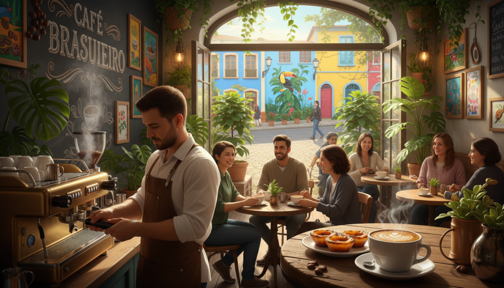 A bustling Brazilian café scene, showcasing a wooden table adorned with a steaming cup of rich, dark coffee and a plate of pastel de nata. In the foreground, a barista, dressed in a professional apron, skillfully prepares coffee with a traditional espresso machine. In the middle, patrons chat and laugh, surrounded by lush greenery and colorful coffee-themed décor, capturing the vibrant Brazilian café culture. The background features a sunny Brazilian street with vibrant murals and coffee plants, reflecting Brazil's status as a coffee powerhouse. Use warm, inviting lighting to create a cozy atmosphere, with a slight depth of field to focus on the barista and the coffee. Capture the essence of community and passion for coffee in Brazil.
