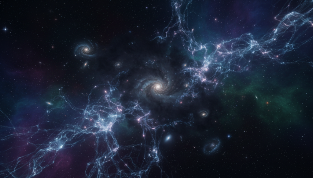 A cosmic scene illustrating the mysterious nature of dark matter, with swirling galaxies and dark nebulae at the center. In the foreground, ethereal particles representing dark matter collide and intertwine, glowing faintly against the deep black void of space. The middle ground features distant stars and other celestial bodies, creating a sense of vastness. The background showcases an expansive universe with vibrant splashes of color—blues, purples, and hints of green—symbolizing the unknown. Soft, diffused lighting illuminates the dark matter particles, creating an otherworldly atmosphere. The camera angle is a wide shot, emphasizing depth and scale, inspiring awe and curiosity about the cosmos and its enigmas. A cosmic scene illustrating the mysterious nature of dark matter, with swirling galaxies and dark nebulae at the center. In the foreground, ethereal particles representing dark matter collide and intertwine, glowing faintly against the deep black void of space. The middle ground features distant stars and other celestial bodies, creating a sense of vastness. The background showcases an expansive universe with vibrant splashes of color—blues, purples, and hints of green—symbolizing the unknown. Soft, diffused lighting illuminates the dark matter particles, creating an otherworldly atmosphere. The camera angle is a wide shot, emphasizing depth and scale, inspiring awe and curiosity about the cosmos and its enigmas.