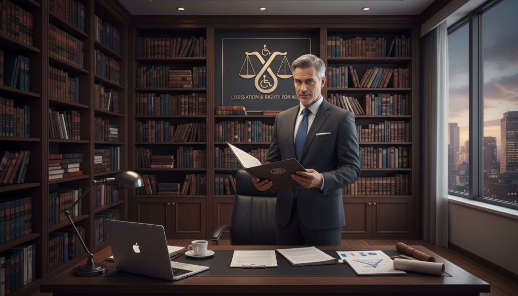 A distinguished lawyer standing confidently in a modern office, filled with shelves of legal books and documents symbolizing "Legislation and Rights". The foreground features a polished wooden desk with legal papers and a laptop, while the middle ground shows the lawyer, dressed in a professional suit, analyzing a legal document under warm, soft lighting. In the background, large windows reveal a cityscape, lending an urban vibe. The overall atmosphere conveys professionalism, integrity, and the importance of legal advocacy for people with special needs. The image captures a sense of determination and hope for a diverse and inclusive world, emphasizing the role of legislation in championing rights.