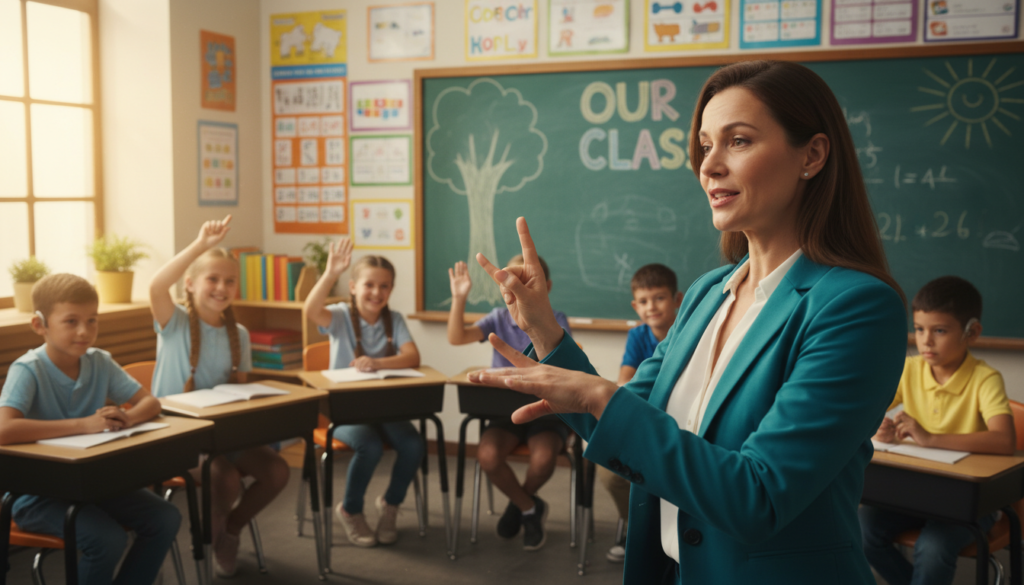 A focused and dedicated sign language interpreter working in a vibrant school classroom, engaging with a diverse group of students. The interpreter, a professional dressed in smart casual attire, uses expressive hand signs to communicate a lesson, showing a connection and inclusivity with the students. In the foreground, emphasize the interpreter's expressive gestures and facial expressions, highlighting their role in bridging communication gaps. In the middle ground, depict attentive students of various backgrounds, some with hearing aids and others without, actively participating in the lesson. The background features colorful educational posters and a chalkboard filled with drawings and notes, enhancing the atmosphere of a supportive learning environment. Soft, natural lighting illuminates the room, creating a warm and inviting atmosphere. The overall mood is one of empowerment, collaboration, and celebration of diversity in education.