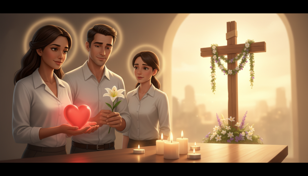 A heartfelt scene depicting "sacrificial love." In the foreground, a diverse group of three individuals dressed in modest, professional attire—one person clasping a heart symbol, representing love, while another gently offers a flower. The middle ground features a serene, softly-lit environment with subtle symbols of hope, like flickering candles and a warm, glowing light illuminating their faces. In the background, a symbolic representation of a cross is adorned with flowers, bathed in soft golden light, creating a sense of reverence. The mood is tranquil and reflective, evoking a deep sense of compassion and humility. The lighting is warm and inviting, enhancing the emotional depth of the scene, captured at a slightly above eye level to convey intimacy and connection without any text or overlays.