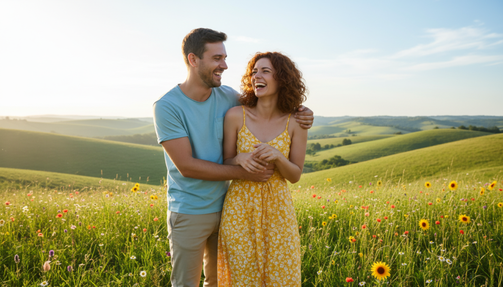 A heartwarming scene depicting two friends standing together on a sun-drenched hilltop, embracing each other in a moment of genuine support and joy. The foreground features the friends, a man and a woman, both in modest casual clothing, smiling broadly as they share a laugh. In the middle, a backdrop of lush greenery and blooming flowers creates an inviting atmosphere, symbolizing growth and positivity. The background includes soft, rolling hills under a clear blue sky. The lighting is warm and natural, casting soft shadows that enhance the cheerful mood. The angle captures their expressions up close, emphasizing the bond of true friendship and mutual encouragement. The scene radiates warmth, connection, and the transformative power of friendship.