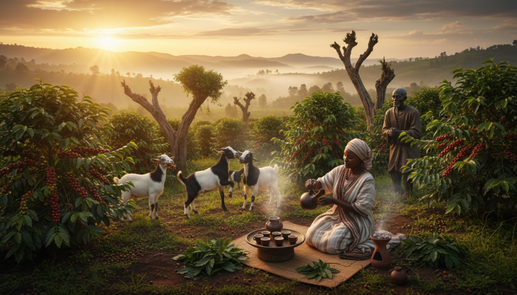 A lush coffee plantation in Ethiopia at sunrise, showcasing the vibrant green coffee bushes heavy with ripe red cherries. In the foreground, a traditional Ethiopian coffee ceremony is underway, with a woman in modest attire gracefully pouring freshly brewed coffee from a jebena into small cups. The middle ground features ancient coffee trees intertwined with local folklore elements, such as the mythical goat herder Kaldi alongside playful goats. The background reveals rolling hills under a golden sky, with soft rays of sunlight illuminating the scene, evoking a warm and inviting atmosphere. The composition should have a natural depth, captured with a wide-angle lens to showcase the beauty and serene mood of the coffee's origin, celebrating the rich cultural heritage surrounding this beloved beverage.