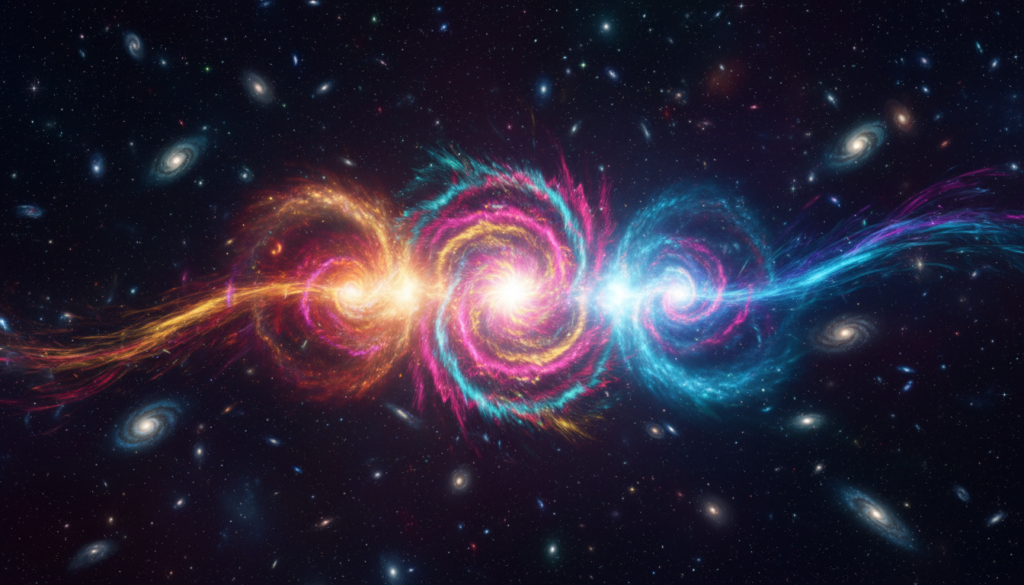 A mesmerizing cosmic scene illustrating the enigma of antimatter, featuring a vibrant collision of matter and antimatter particles in a dramatic explosion of color. In the foreground, two swirling clouds of matter and antimatter are depicted in contrasting visual styles—one glowing with warm, fiery hues like red and orange, while the other radiates cool, electric blue and violet tones. In the middle ground, intricate patterns of energy gradients intertwine, creating a sense of movement and tension. The background showcases a starlit universe, dotted with distant galaxies and nebulae, under a deep black and purple sky. The lighting is ethereal, with illuminated particles casting soft, reflective glows. The overall mood conveys mystery and awe, inviting viewers to ponder the universes' most profound secrets. A mesmerizing cosmic scene illustrating the enigma of antimatter, featuring a vibrant collision of matter and antimatter particles in a dramatic explosion of color. In the foreground, two swirling clouds of matter and antimatter are depicted in contrasting visual styles—one glowing with warm, fiery hues like red and orange, while the other radiates cool, electric blue and violet tones. In the middle ground, intricate patterns of energy gradients intertwine, creating a sense of movement and tension. The background showcases a starlit universe, dotted with distant galaxies and nebulae, under a deep black and purple sky. The lighting is ethereal, with illuminated particles casting soft, reflective glows. The overall mood conveys mystery and awe, inviting viewers to ponder the universes' most profound secrets.