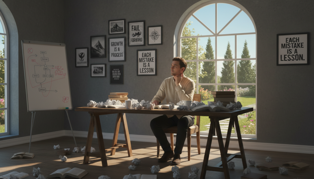 A person sitting at a desk surrounded by crumpled papers and textbooks, reflecting on their journey through failure and growth. In the foreground, a thoughtful individual in smart casual attire, gazing at a large window with sunlight streaming in, symbolizing hope. The middle ground features a shadowed wall filled with motivational quotes and images, representing past struggles and achievements. In the background, a lush green garden can be seen through the window, signifying renewal and resilience. Soft, warm lighting enhances the mood of introspection and determination. The overall atmosphere is one of quiet reflection, emphasizing the theme of learning from mistakes and embracing personal growth.