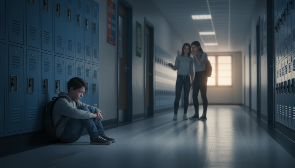 A poignant scene in a school hallway depicting the emotional impact of bullying. In the foreground, a young student stands alone, looking dejected and anxious, wearing modest casual clothing. In the middle, two other students whisper to each other with expressions of disdain, highlighting the dynamics of exclusion. In the background, lockers and classroom doors create a typical school environment. Soft, diffused lighting enhances the somber mood, creating shadows that symbolize isolation. The angle is slightly elevated, capturing the students’ interactions while emphasizing the emotional weight of the moment. The overall atmosphere conveys urgency and the dire need to address bullying in educational settings, sparking compassion and awareness. A poignant scene in a school hallway depicting the emotional impact of bullying. In the foreground, a young student stands alone, looking dejected and anxious, wearing modest casual clothing. In the middle, two other students whisper to each other with expressions of disdain, highlighting the dynamics of exclusion. In the background, lockers and classroom doors create a typical school environment. Soft, diffused lighting enhances the somber mood, creating shadows that symbolize isolation. The angle is slightly elevated, capturing the students’ interactions while emphasizing the emotional weight of the moment. The overall atmosphere conveys urgency and the dire need to address bullying in educational settings, sparking compassion and awareness.