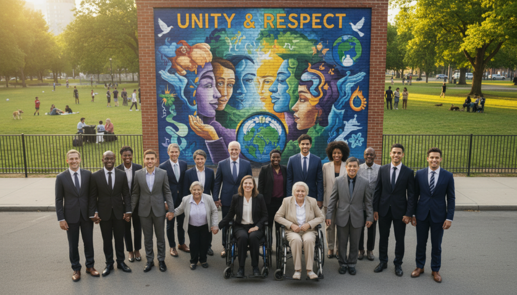 A powerful depiction of overcoming prejudice: in the foreground, a diverse group of individuals of varying ages and abilities stand together with pride, dressed in professional business attire, showcasing solidarity. In the middle ground, a vibrant mural on a nearby wall illustrates themes of diversity and unity, featuring bright colors and positive imagery. The background shows a sunny urban park setting, with soft green trees and people enjoying the space, symbolizing community and acceptance. The scene is illuminated by warm, natural sunlight, casting gentle shadows, creating an uplifting and inclusive atmosphere. The angle is slightly elevated to capture the whole scene, emphasizing the connection among the group and the message of reducing prejudice.