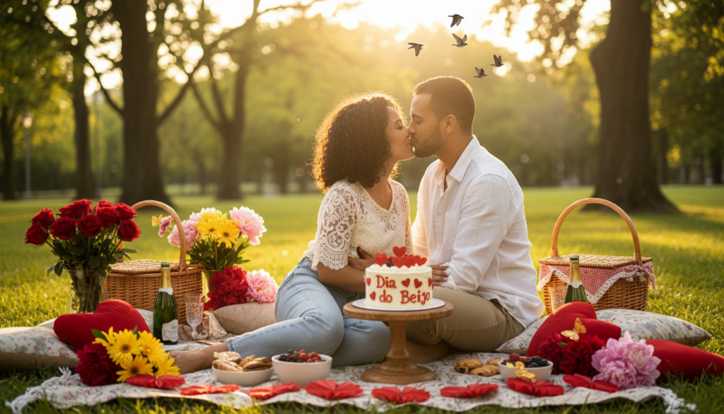 A romantic scene celebrating the tradition of "Dia do Beijo". In the foreground, a diverse couple gently holding each other, dressed in tasteful casual clothing, leaning in for a sweet, affectionate kiss, their expressions conveying love and warmth. In the middle, a beautifully arranged picnic setup with heart-shaped decorations, soft blankets, and a small cake with the theme of love, surrounded by colorful flowers. In the background, a sunny park setting with lush greenery and fluttering birds, creating a lively atmosphere. Soft, golden hour lighting bathes the scene, highlighting the couple while casting gentle shadows. The mood is joyful, serene, and filled with affection, perfect for a day celebrating love and connection.