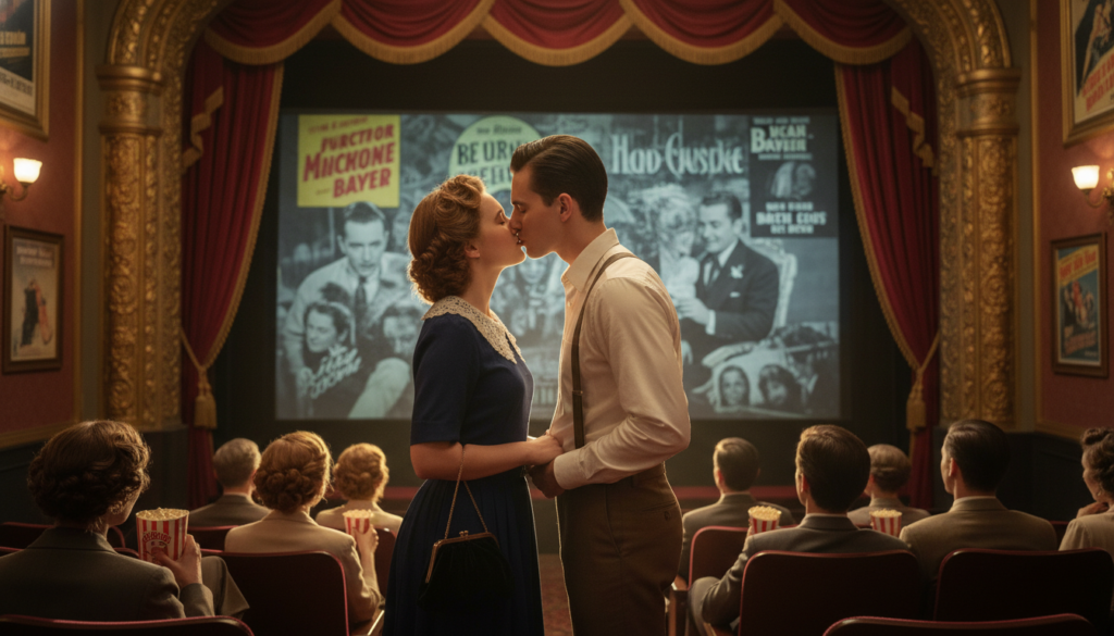A romantic scene set in an old-fashioned cinema, showcasing a couple sharing a tender kiss in the foreground. The woman, dressed in a modest yet stylish vintage dress, leans gently towards her partner, who is in a crisp button-up shirt and slacks. Soft, warm light casts a glow on their faces, emphasizing their connection. In the middle ground, blurred figures of other moviegoers are seated, some enjoying popcorn, while an antique cinema screen flickers with a classic film in vibrant colors. The background features ornate theatre decor, with rich red curtains and vintage film posters. The atmosphere is intimate and nostalgic, evoking the magic of love stories portrayed in movies and literature.