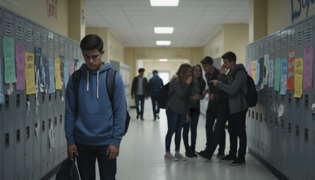 A school hallway setting emphasizing various forms of bullying. In the foreground, a distressed student with a worried expression stands alone, wearing modest casual clothing. Around them, a group of peers whispers and points, some looking mockingly. In the middle ground, a typical school environment features lockers and posters on the walls, hinting at a once-friendly atmosphere now tainted by tension. The background shows blurred silhouettes of other students, with muted colors to emphasize the feeling of isolation and despair. Soft, diffused lighting adds a somber and serious mood, while a slight depth of field creates focus on the bullied student, enhancing the emotional impact of the scene. A school hallway setting emphasizing various forms of bullying. In the foreground, a distressed student with a worried expression stands alone, wearing modest casual clothing. Around them, a group of peers whispers and points, some looking mockingly. In the middle ground, a typical school environment features lockers and posters on the walls, hinting at a once-friendly atmosphere now tainted by tension. The background shows blurred silhouettes of other students, with muted colors to emphasize the feeling of isolation and despair. Soft, diffused lighting adds a somber and serious mood, while a slight depth of field creates focus on the bullied student, enhancing the emotional impact of the scene.