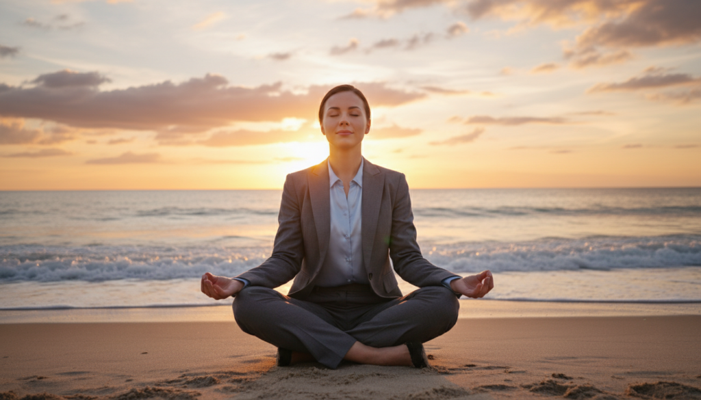 A serene and balanced scene depicting emotional equilibrium through self-control. In the foreground, a young woman in professional business attire practices mindfulness, seated in a lotus position on a tranquil beach at sunset. Her expression reflects calm and poise, symbolizing inner strength. In the middle ground, gentle waves lap at the shore, mirroring the harmony of her meditation. In the background, a vibrant sunset casts warm hues of orange and pink across the sky, blending with soft clouds, creating a peaceful atmosphere. The scene is illuminated with soft, warm lighting that enhances the tranquility of the moment. The image conveys a sense of serenity and empowerment, highlighting the theme of controlling one's reactions amidst external chaos.