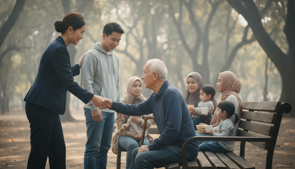 A serene and contemplative scene depicting a diverse group of people, including a middle-aged woman in professional attire and a young man in modest casual clothing, engaged in acts of humility and compassion towards each other. In the foreground, the woman offers a helping hand to an elderly man sitting on a bench, while in the middle ground, a diverse group is gathered around, sharing food and providing comfort to one another. The background features soft, natural light filtering through the trees, creating a warm, peaceful atmosphere. The scene captures expressions of kindness and connection, emphasizing the essence of humility as a guiding principle. Use a soft focus lens to create a dreamy feel, with a slight vignette to draw attention to the central actions, symbolizing the theme of learning from example.