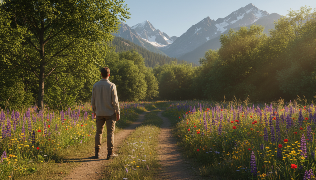 A serene and inspiring landscape depicting a winding path through a lush forest, symbolizing the search for passion. In the foreground, a figure dressed in modest casual clothing stands thoughtfully, gazing down the path that is dappled with soft sunlight streaming through the trees. The middle ground features vibrant wildflowers and tall grass along the path, suggesting growth and discovery. The background shows distant mountains under a clear blue sky, creating a sense of aspiration and possibility. The atmosphere is calm and reflective, with warm, golden lighting to evoke hope and inspiration. The angle is slightly elevated, capturing the beauty of the journey ahead without any distractions.