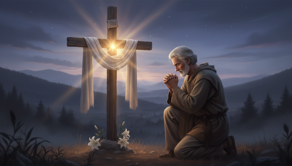A serene depiction of "perdão na Sexta-feira Santa." In the foreground, an older man in modest casual clothing kneels in prayer, his hands clasped in front of a wooden cross, symbolizing humility and reflection. In the middle ground, a soft, golden light emanates from the cross, casting a warm glow over the scene, creating an atmosphere of hope and forgiveness. The background features a subtly blurred landscape of hills under a twilight sky, suggesting the solemnity of Good Friday. The composition is framed with gentle, diffused lighting to evoke a peaceful yet reverent mood. The overall colors are warm and inviting, enhancing the theme of compassion and the importance of forgiveness.