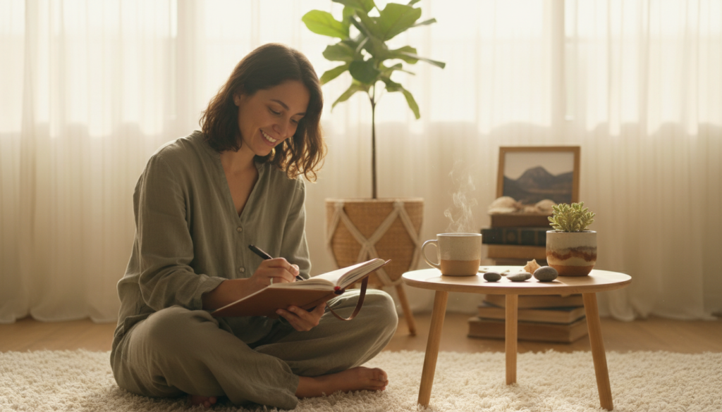 A serene indoor setting showcasing a cozy space filled with natural light. In the foreground, a person in modest casual clothing sits cross-legged on a soft rug, writing in a gratitude journal with a gentle smile, embodying a sense of peace and contentment. A steaming cup of herbal tea rests nearby on a small wooden table. In the middle ground, a potted plant and some personal mementos add warmth and a touch of nature. The background reveals a window with soft, sheer curtains, allowing golden sunlight to filter through, casting a warm glow. The atmosphere is tranquil and uplifting, reflecting the transformative power of gratitude on emotional well-being. The lens captures the scene with a soft focus, enhancing the inviting mood.