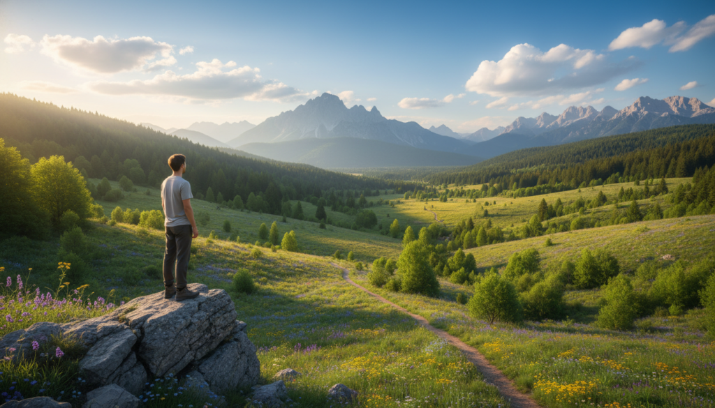 A serene landscape showcasing the essence of "life purpose." In the foreground, a person standing confidently on a rocky ledge, dressed in modest casual clothing, gazing out over a vast, breathtaking valley filled with lush greenery and blooming wildflowers. In the middle ground, a winding path leads through the scenery, symbolizing the journey of self-discovery. The background features majestic mountains under a bright blue sky, filled with gentle, fluffy clouds. Soft sunlight filters through, casting warm golden rays that enhance the peaceful atmosphere. The overall mood is inspiring and contemplative, inviting the viewer to reflect on their own life's purpose and journey.