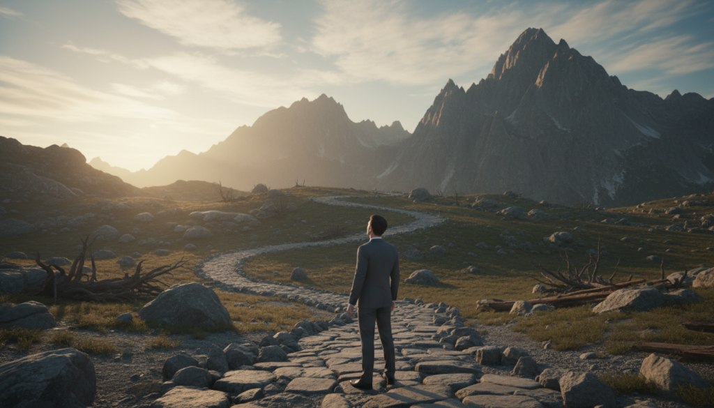 A serene mountain landscape at dawn, symbolizing personal growth through challenges. In the foreground, a person in professional business attire stands confidently on a rocky path, gazing up at the towering peaks, reflecting determination and resilience. The middle ground features a winding trail leading towards the mountains, dotted with obstacles like boulders and fallen branches, representing life's challenges. The background showcases the majestic mountains bathed in soft golden light, with wispy clouds drifting above, creating an atmosphere of hope and possibility. The composition should use a wide-angle perspective to emphasize the vastness of the landscape. The overall mood is inspiring and uplifting, conveying a sense of purpose and the beauty of overcoming obstacles.