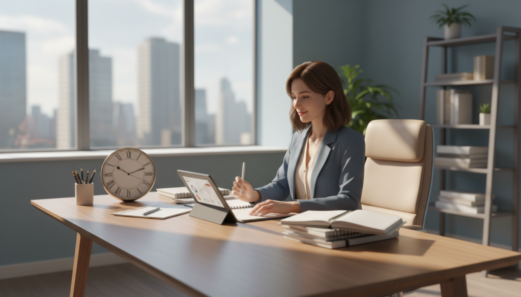 A serene office environment depicting a professional in modest business attire, sitting at a stylish wooden desk cluttered with planners and a clock, symbolizing time management. In the foreground, stacked notebooks and a digital tablet show productivity tools in use. In the middle ground, a large window with soft sunlight streaming in illuminates the space, casting a warm glow that enhances the focused atmosphere. The background includes a calm cityscape with distant buildings, suggesting the outside world’s distractions. The mood is reflective, emphasizing the value of time as the only non-renewable resource. Use a wide-angle lens perspective to capture depth, and ensure soft focus backgrounds to keep attention on the scene's subject. The overall color palette should harmonize with soothing blues and warm neutrals.