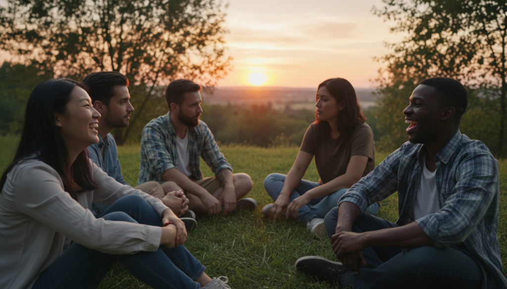 A serene outdoor scene at golden hour, capturing a diverse group of friends sitting in a circle on a grassy hill. In the foreground, a woman of Asian descent and a man of African descent share a laugh, radiating joy and authenticity. In the middle ground, a Hispanic woman and a Caucasian man engage in a deep conversation, showcasing genuine connection and understanding. Soft rays of sunlight filter through the trees, casting a warm glow over their relaxed poses. The background features a vibrant sunset with hues of orange and pink, enhancing the uplifting atmosphere. The overall mood is one of warmth, acceptance, and heartfelt friendship, emphasizing the theme of being yourself without fear of judgment. The image portrays unity and trust among friends in a peaceful, natural setting.
