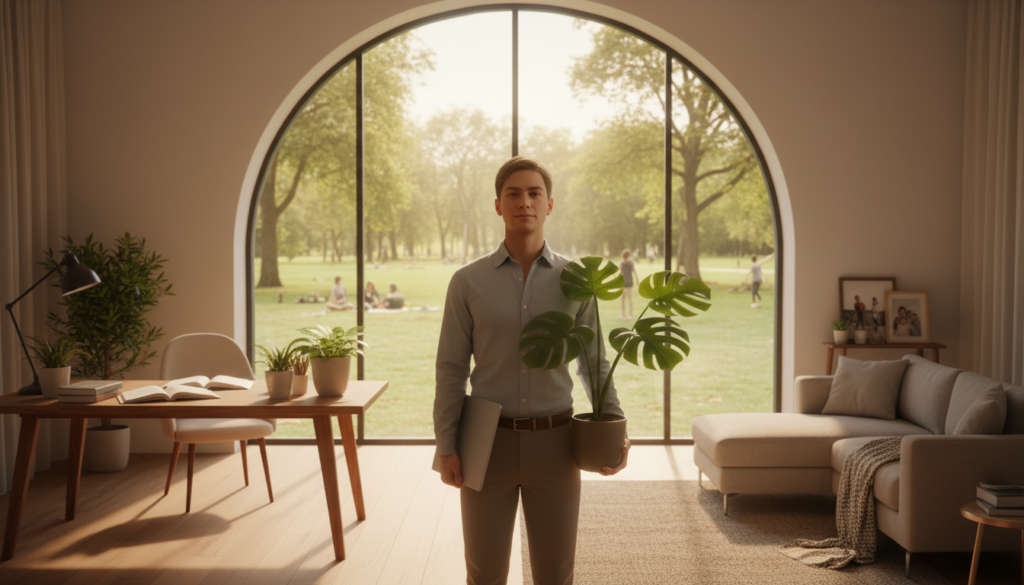 A serene scene depicting the balance between work and life. In the foreground, a professional-looking individual in smart casual attire stands calmly with a laptop in one hand and a plant in the other, symbolizing work and personal growth. In the middle ground, a welcoming home office filled with natural light and greenery contrasts with a cozy living area showcasing family photos. The background features a large window with sunlight streaming in, overlooking a peaceful park with people enjoying nature, representing harmony and relaxation. The atmosphere is calm and inspiring, bathed in warm, soft lighting. The focus should be on the individual's calm expression, embodying inner peace and balance. Use a soft focus lens to evoke a sense of tranquility.