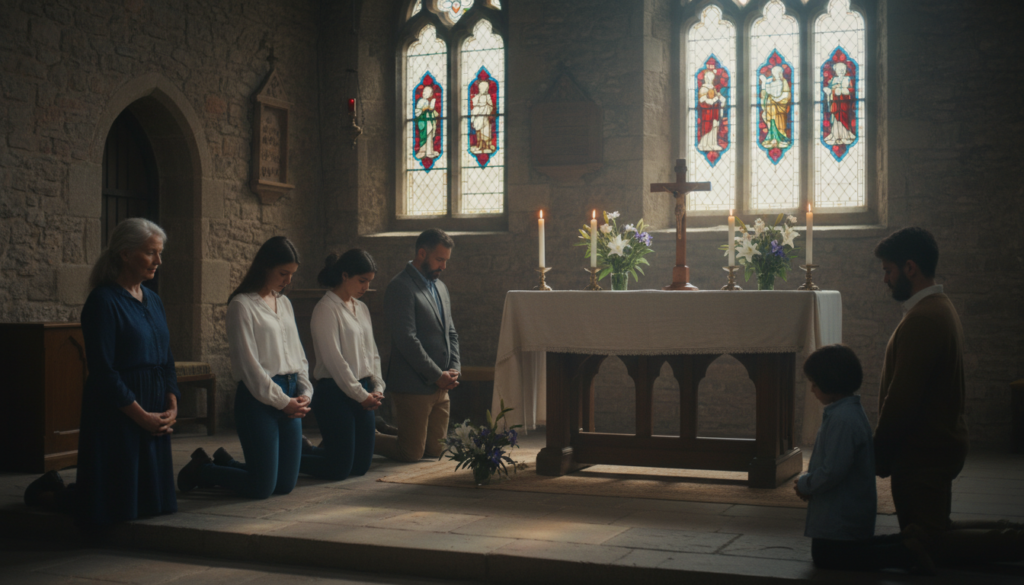 A serene scene depicting the rituals of Good Friday, focusing on a small community gathering in a quaint church setting. In the foreground, a group of diverse individuals dressed in modest, respectful attire is worshiping together, their faces reflecting deep contemplation and connection. In the middle ground, a wooden altar adorned with candles and flowers serves as a focal point, casting a warm glow in soft, golden light. The background reveals stained glass windows, filtering colorful light into the space, enhancing the atmosphere of reverence. The composition captures a calm and introspective mood, emphasizing humility, love, and compassion as central themes. Lens: 50mm, with soft focus on the foreground to draw attention to the subjects, evoking a sense of unity and spirituality.