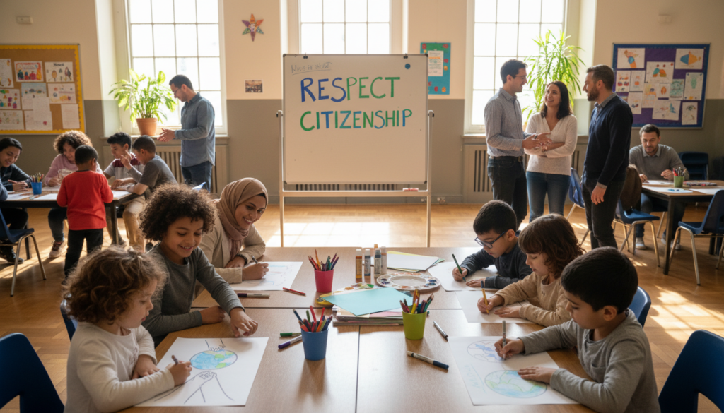 A serene school environment depicting diverse families engaging in a collaborative activity focused on community rules and values. In the foreground, a multicultural group of children and adults sit together at a table, discussing and illustrating the concept of coexistence with colorful drawings. In the middle ground, a large whiteboard displays key principles like respect and citizenship, surrounded by art supplies and friendly interactions. In the background, bright sunlight streams through large windows, illuminating the space with a warm, inviting glow. The overall atmosphere is productive and harmonious, emphasizing teamwork and positivity, captured from a slightly elevated angle to convey inclusion and engagement.