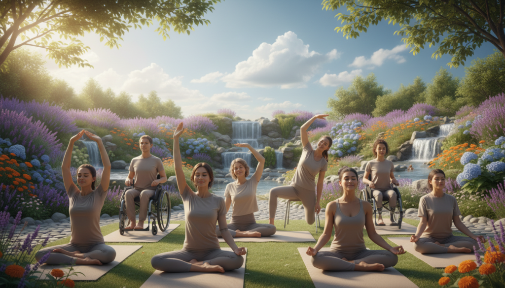 A serene wellness scene in a bright, natural environment. In the foreground, a diverse group of individuals with various disabilities is engaging in mindful activities such as yoga and meditation, all dressed in comfortable, professional attire. Their expressions reflect peace and happiness. In the middle ground, a lush garden with vibrant flowers and calming water features enhances the atmosphere of tranquility. In the background, a clear blue sky with soft, fluffy clouds adds warmth and positivity to the scene. Soft sunlight filters through the trees, casting gentle shadows, creating a sense of harmony and connection with nature. The overall mood is uplifting and inspiring, emphasizing health, well-being, and inclusivity in a vibrant community setting.