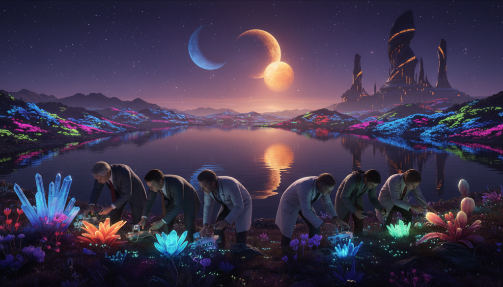 A stunning extraterrestrial landscape at dusk filled with vibrant colors and unusual flora. In the foreground, showcase a diverse group of scientists and astronomers dressed in professional business attire, actively examining glowing alien plants and peculiar rock formations. The middle ground features a shimmering, otherworldly lake reflecting the celestial sky with two moons and distant stars, creating a sense of wonder. In the background, rolling hills are adorned with bioluminescent vegetation, and towering, unusual structures hint at an alien civilization. The scene is illuminated by ethereal light from the moons and a soft, ambient glow from the plants, evoking a sense of discovery and intrigue. Use a wide-angle lens for an expansive view, capturing the harmonious blend of research and uncharted mystery in the universe. A stunning extraterrestrial landscape at dusk filled with vibrant colors and unusual flora. In the foreground, showcase a diverse group of scientists and astronomers dressed in professional business attire, actively examining glowing alien plants and peculiar rock formations. The middle ground features a shimmering, otherworldly lake reflecting the celestial sky with two moons and distant stars, creating a sense of wonder. In the background, rolling hills are adorned with bioluminescent vegetation, and towering, unusual structures hint at an alien civilization. The scene is illuminated by ethereal light from the moons and a soft, ambient glow from the plants, evoking a sense of discovery and intrigue. Use a wide-angle lens for an expansive view, capturing the harmonious blend of research and uncharted mystery in the universe.