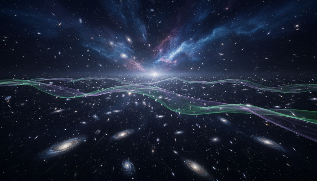 A vast cosmic scene illustrating the concept of dark energy, with swirling galaxies and luminous clusters of stars in the foreground. In the middle ground, dynamic waves of energy ripple through space, represented as ethereal, glowing tendrils that stretch and pull the surrounding matter apart. The background features an expansive nebula, awash in deep purples and blues, illuminated by distant celestial bodies that shimmer against the void. Soft, ambient lighting enhances the mysterious atmosphere, creating a sense of awe and grandeur. The composition is shot from a low angle, emphasizing the overwhelming scale of the universe, evoking curiosity and wonder about the mysterious force behind cosmic expansion. A vast cosmic scene illustrating the concept of dark energy, with swirling galaxies and luminous clusters of stars in the foreground. In the middle ground, dynamic waves of energy ripple through space, represented as ethereal, glowing tendrils that stretch and pull the surrounding matter apart. The background features an expansive nebula, awash in deep purples and blues, illuminated by distant celestial bodies that shimmer against the void. Soft, ambient lighting enhances the mysterious atmosphere, creating a sense of awe and grandeur. The composition is shot from a low angle, emphasizing the overwhelming scale of the universe, evoking curiosity and wonder about the mysterious force behind cosmic expansion.