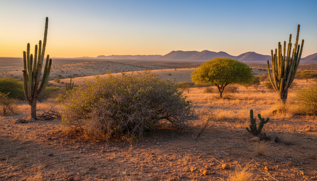 A vast semi-arid landscape representing the Caatinga biome in Brazil, with a foreground of resilient vegetation, including cacti, thorny bushes, and unique trees like the juazeiro. The middle ground features rolling hills under a clear blue sky, showcasing the arid climate's effect on the terrain, with cracked earth and sparse greenery. In the background, distant hills fade into a warm, golden sunset, casting soft light across the scene, highlighting the textures of the earth and plants. Use a wide-angle lens to capture the expansive feel of the landscape, evoking a sense of resilience and beauty in the harsh climate. The atmosphere should reflect tranquility and the unique character of this beautiful yet challenging environment.