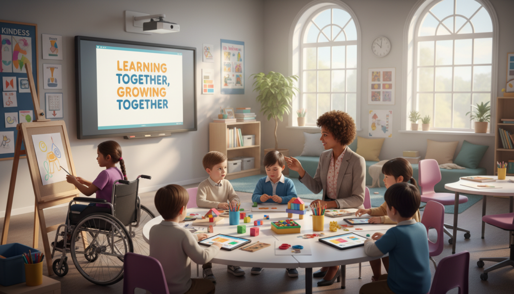 A vibrant and dynamic classroom scene reflecting the essence of inclusive education. In the foreground, a diverse group of children – including those with physical disabilities, learning differences, and varied ethnic backgrounds – are actively engaged in collaborative learning activities, sitting around a table filled with colorful educational materials. The middle ground features a compassionate teacher, guiding the students with a warm smile, dressed in professional attire. In the background, a bright and welcoming classroom with accessible learning tools, such as adjustable desks and visual aids, emphasizes the concept of inclusivity. Soft, natural lighting filters in through large windows, creating a hopeful and positive atmosphere. The image should evoke a sense of community, support, and empowerment in education.