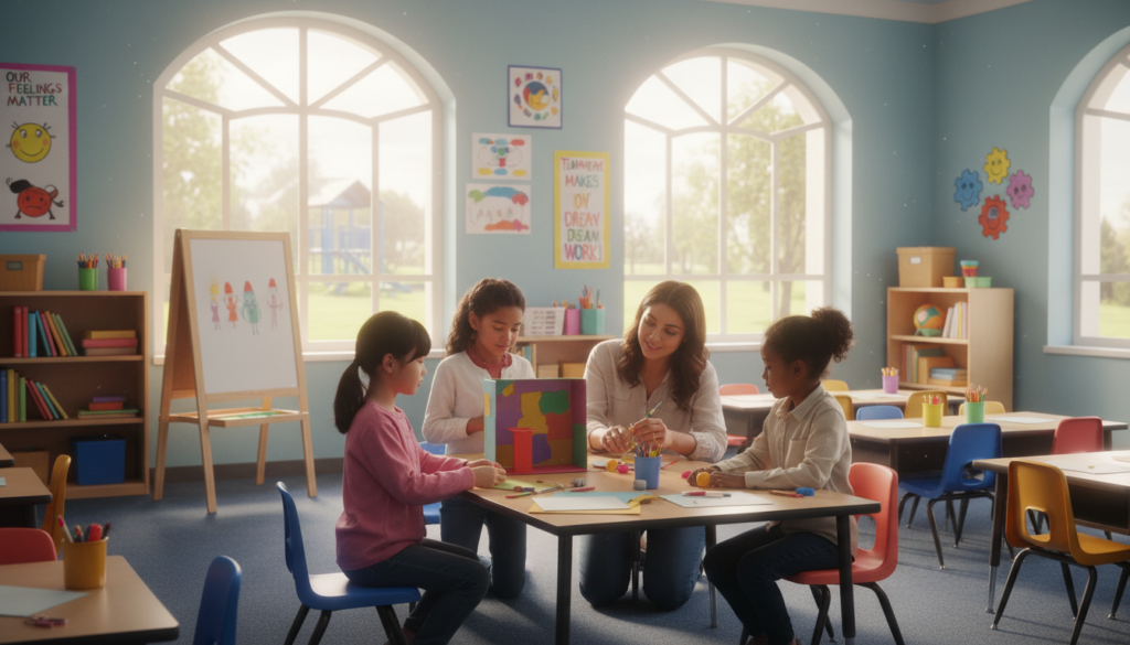 A vibrant and engaging school environment showcasing family involvement in children's education. In the foreground, a diverse group of children of various ethnicities happily collaborating on a classroom project, with a parent assisting them, all in modest casual clothing. In the middle ground, a bright and inviting classroom filled with educational materials, colorful posters about emotions and teamwork on the walls. In the background, large windows allowing natural light to flood the room, emphasizing a warm and uplifting atmosphere. Use soft, diffused lighting to enhance the feeling of safety and comfort. The scene captures the joy and socio-emotional benefits of family participation in school, highlighting cooperation and positivity.