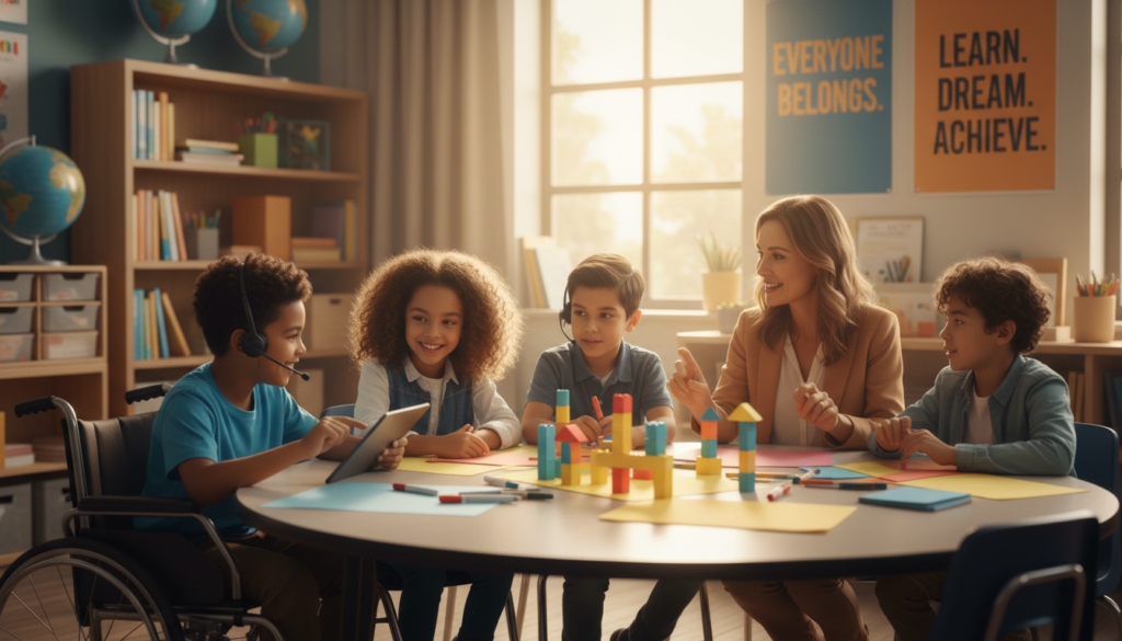 A vibrant and inspiring classroom scene showcasing diverse students engaging collaboratively with an attentive teacher. In the foreground, a young girl in a wheelchair, a boy using sign language, and another student with assistive technology are working together on a colorful educational project. The middle ground features a supportive teacher, smiling and guiding the students, while a variety of learning resources like books and visual aids are visible on the desks. In the background, a large window lets in warm, natural light, illuminating motivational posters on inclusion and educational success. The atmosphere is uplifting and dynamic, emphasizing teamwork and empowerment in an inclusive educational setting, captured with a soft focus to enhance warmth and positivity.