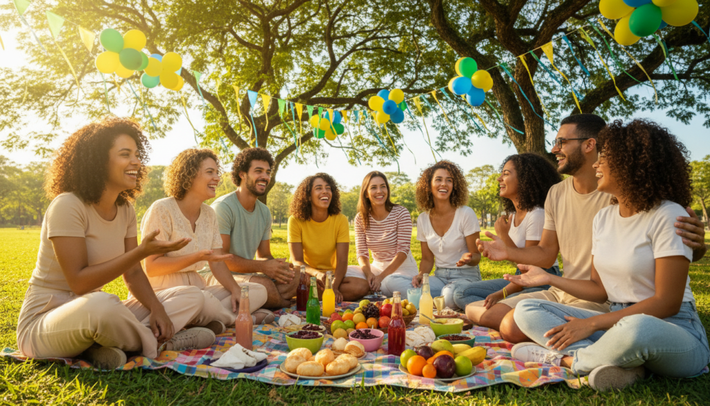 A vibrant celebration of "Dia do Amigo" in Brazil, showcasing a diverse group of friends joyfully interacting in a sunny park. In the foreground, a small picnic setup with colorful blankets, traditional Brazilian snacks, and drinks. Friends of different ages and ethnicities (all dressed in modest casual clothing) are laughing and sharing stories, captured in candid moments of connection. In the middle ground, festive decorations such as balloons and streamers adorn the trees, creating a lively atmosphere. The background features a clear blue sky with gentle sunlight filtering through the leaves, casting soft shadows. The scene should evoke warmth, happiness, and the essence of true friendship, with an inviting and celebratory mood, seen from a slightly elevated angle to capture the full vibrancy of the gathering.